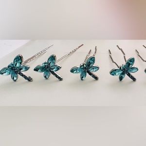 6PC. Butterfly  Turquoise Crystal and Blue Rhinestones Hair stick.